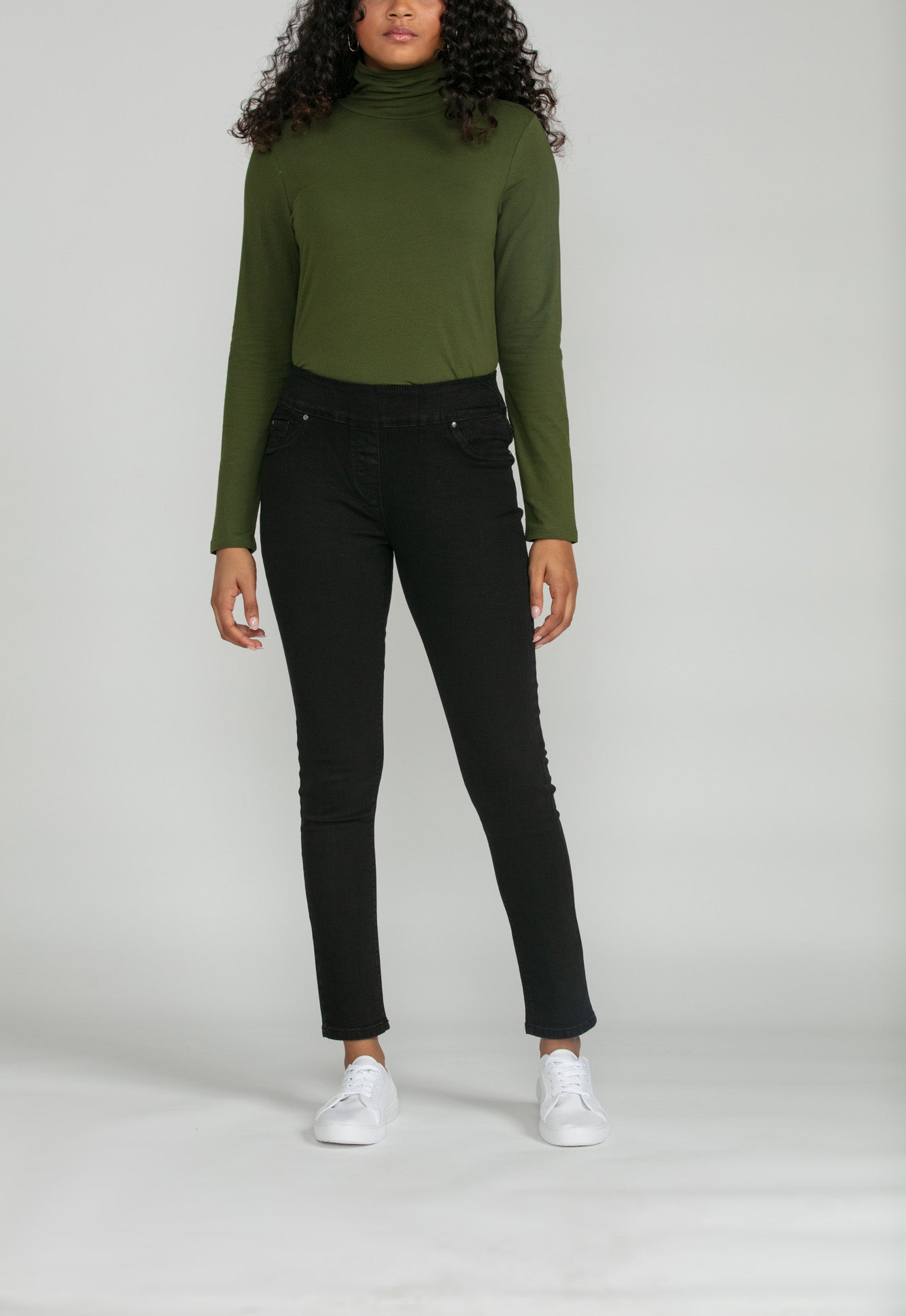 Bluberry Denim Elastic Waistband Straight Leg Black Rinse Wash