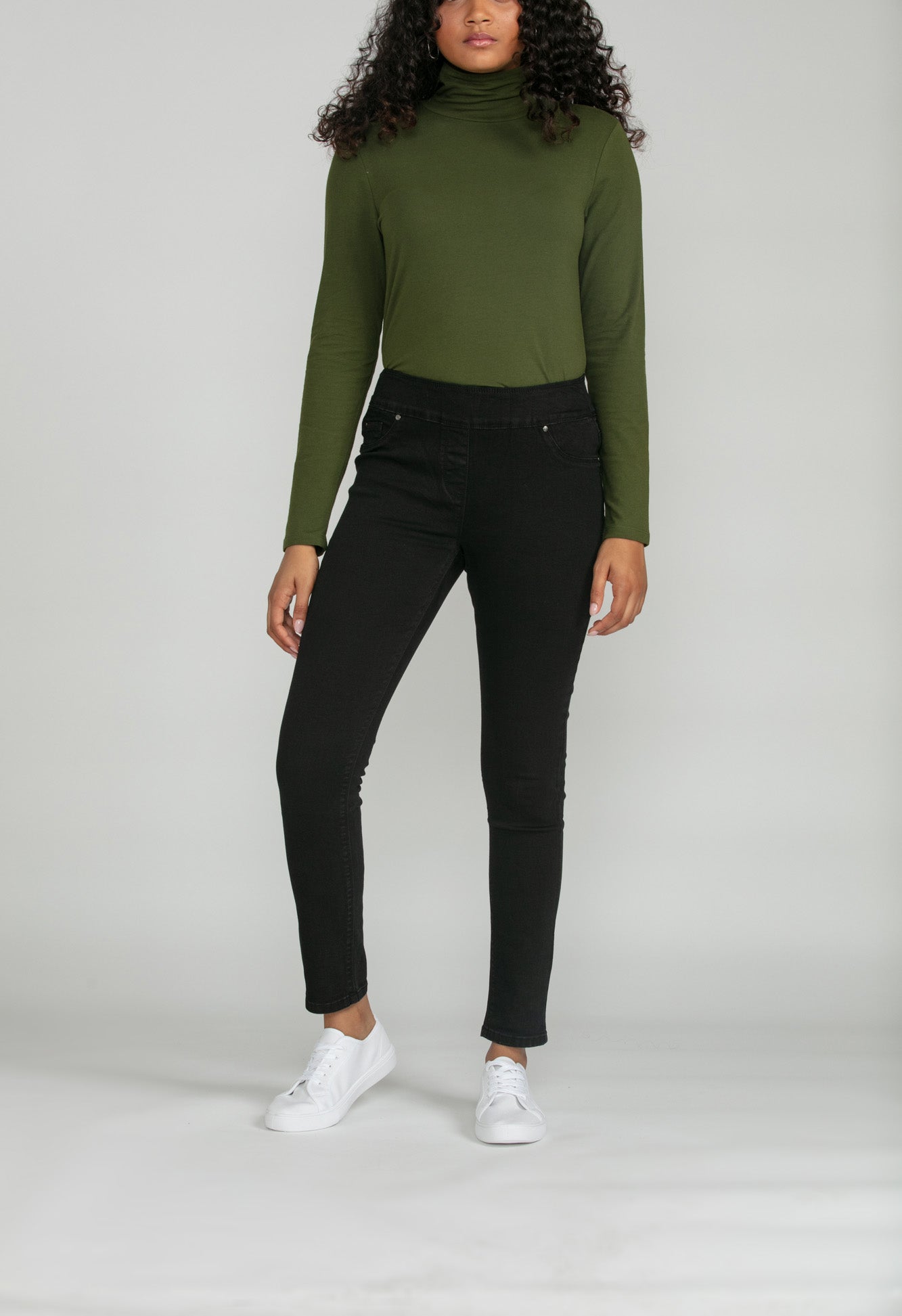 Bluberry Denim Elastic Waistband Straight Leg Black Rinse Wash