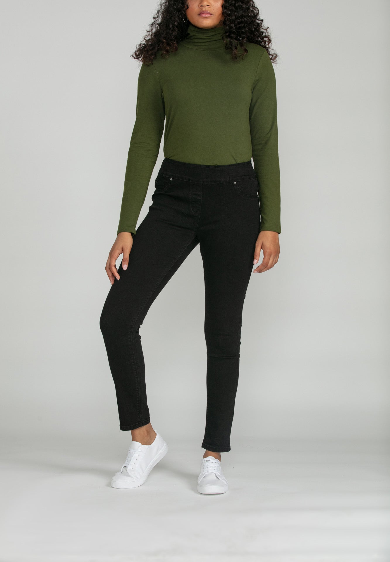 Bluberry Denim Elastic Waistband Straight Leg Black Rinse Wash