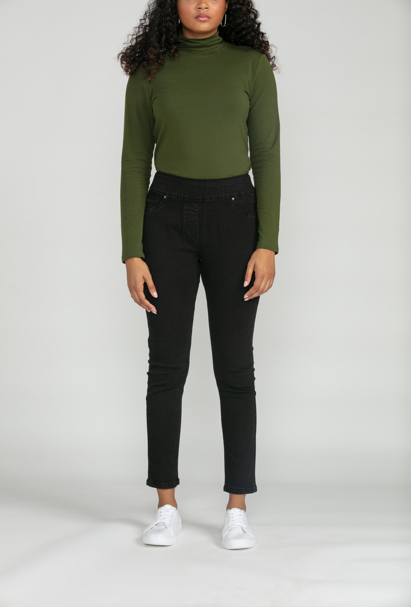 Bluberry Denim Elastic Waistband Ankle Length Black Rinse Wash