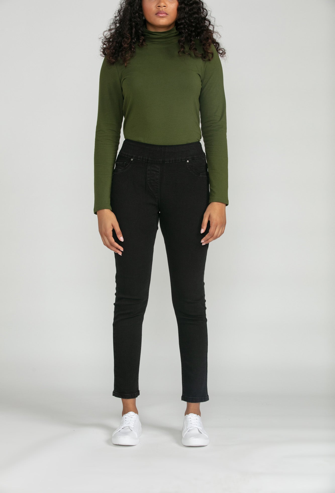 Bluberry Denim Elastic Waistband Ankle Length Black Rinse Wash