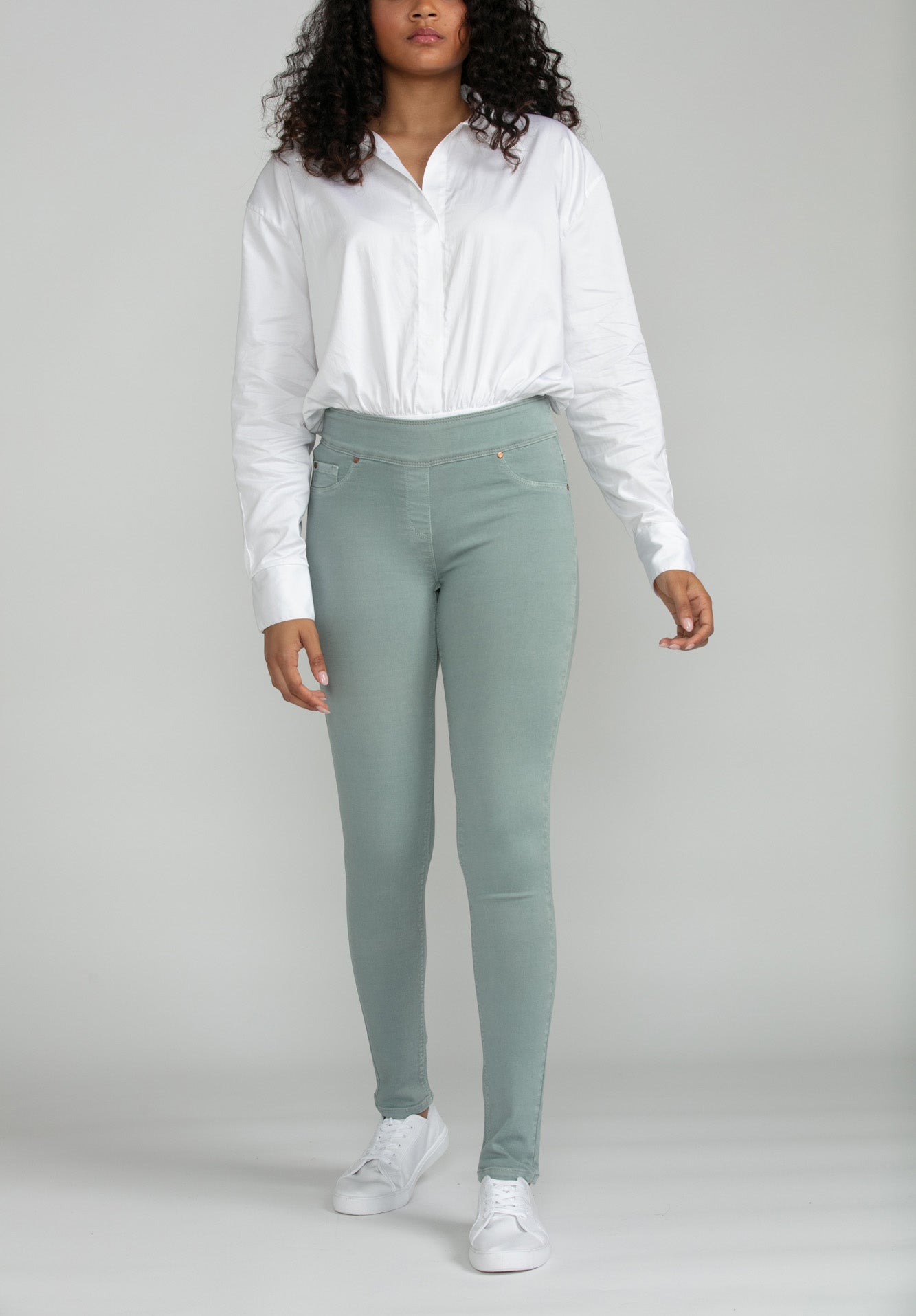 Bluberry Denim Elastic Waistband Slim Leg Kennedy Oyster Mushroom