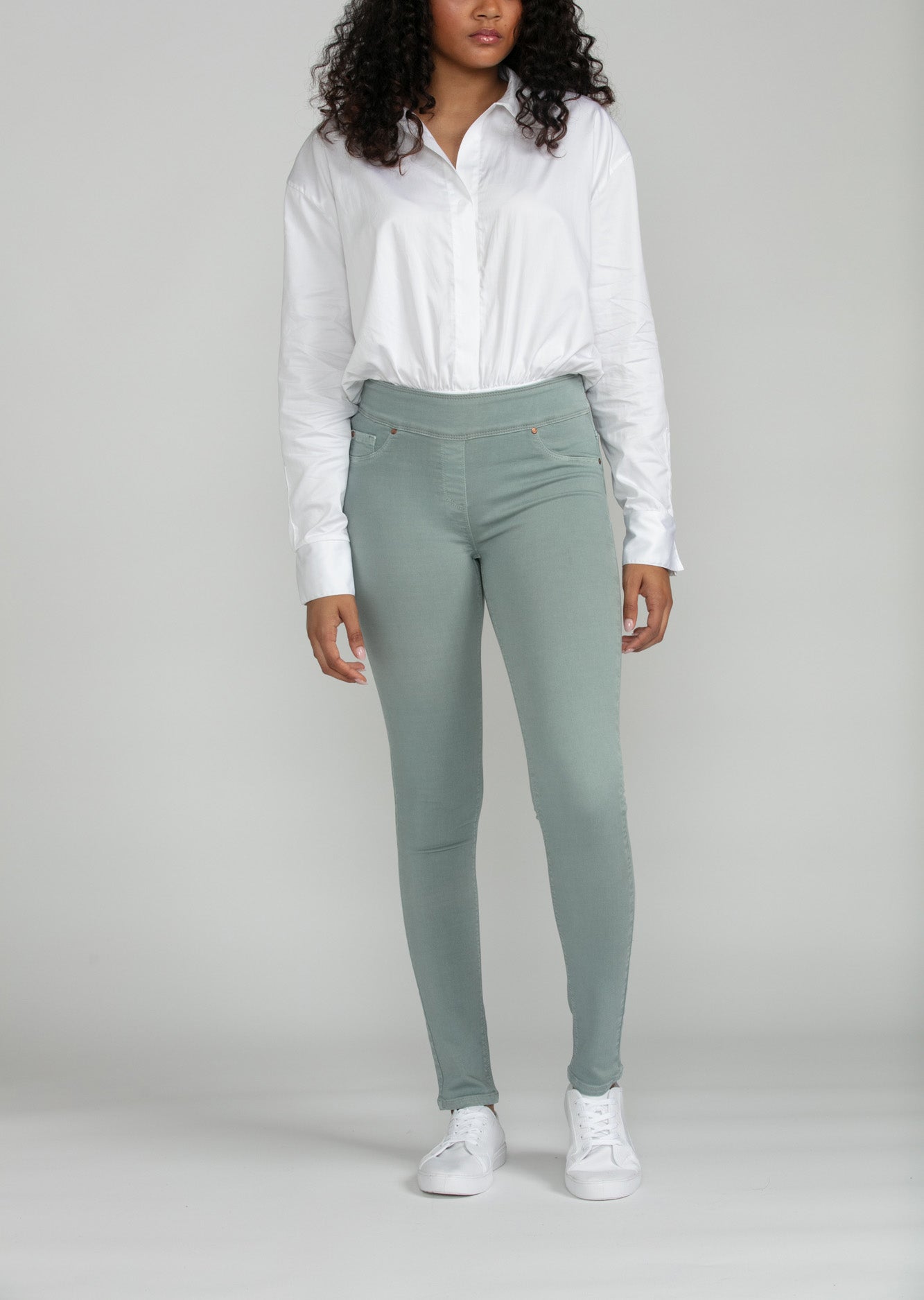 Bluberry Denim Elastic Waistband Slim Leg Kennedy Oyster Mushroom