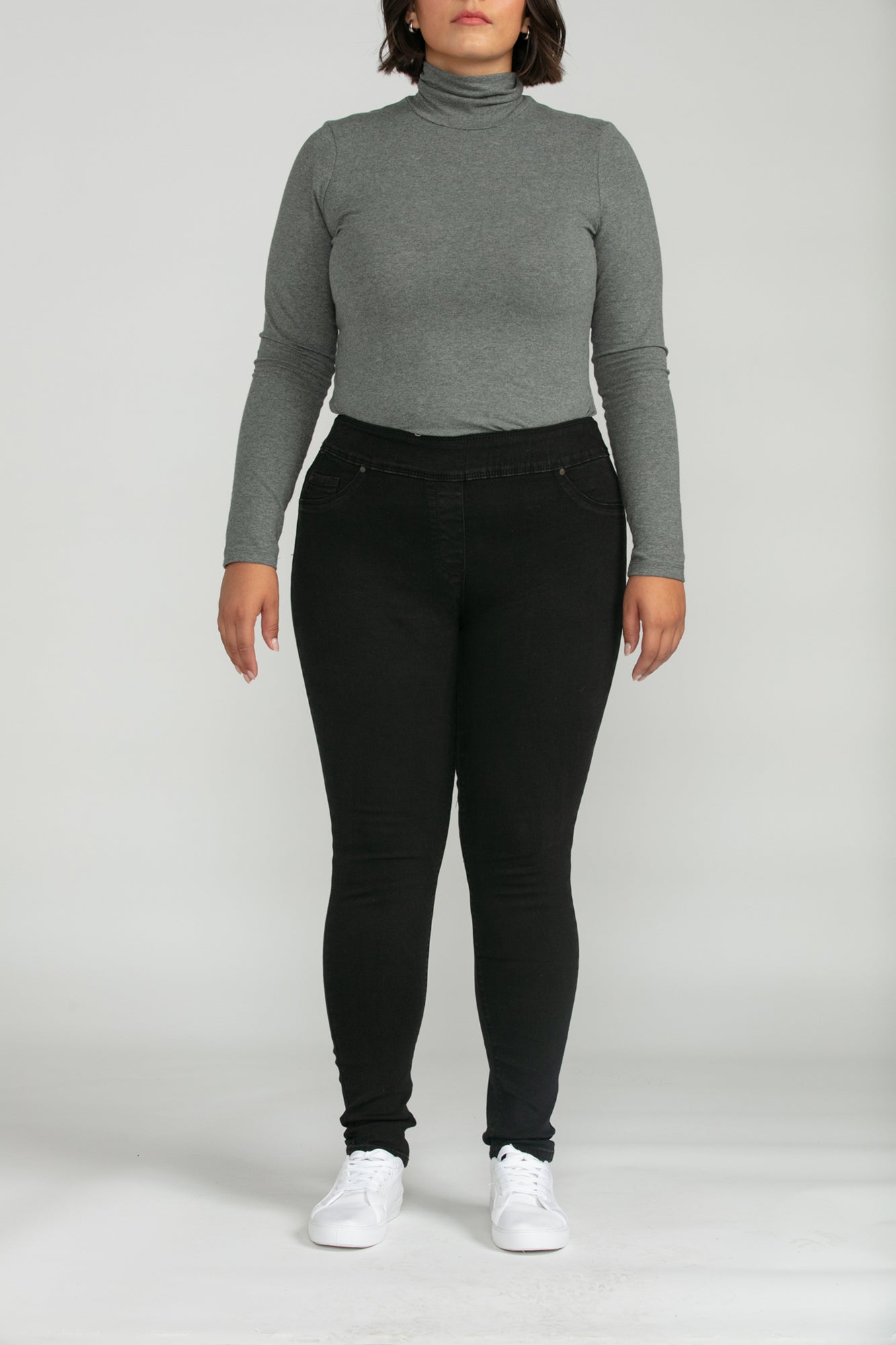 Bluberry Denim Elastic Waistband Slim Leg Black Rinse Wash